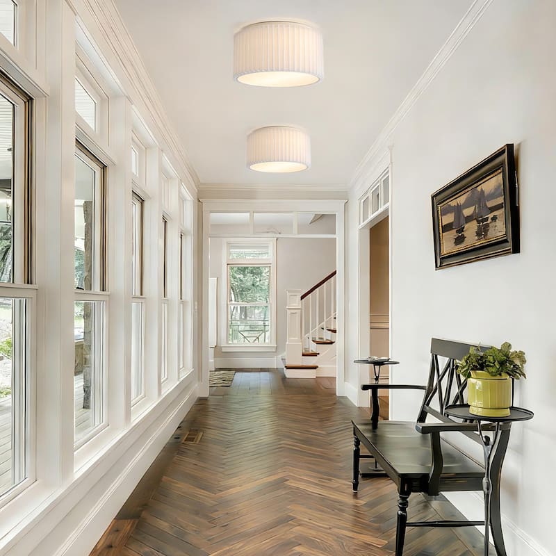 2-Light Modern Fabric Flush Mount Ceiling Light with Pleated Drum Shade - White