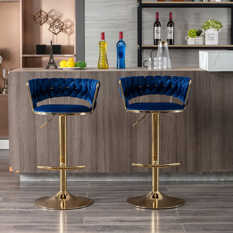 Set of 2 Adjustable Swivel Bar Stools, Blue Velvet with Chrome Footrest & Gold Legs