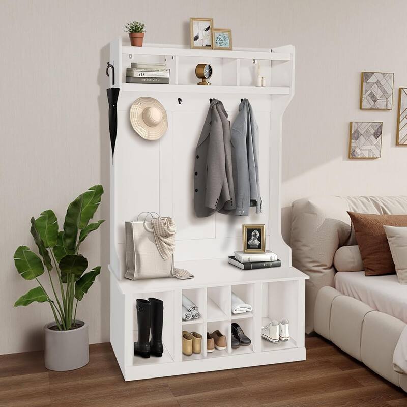 Entryway Hall Tree with Bench and Shoe Storage, Coat Rack with 8 Shoe Storage Cube and 6 Hanging Hooks Storage Cabinet