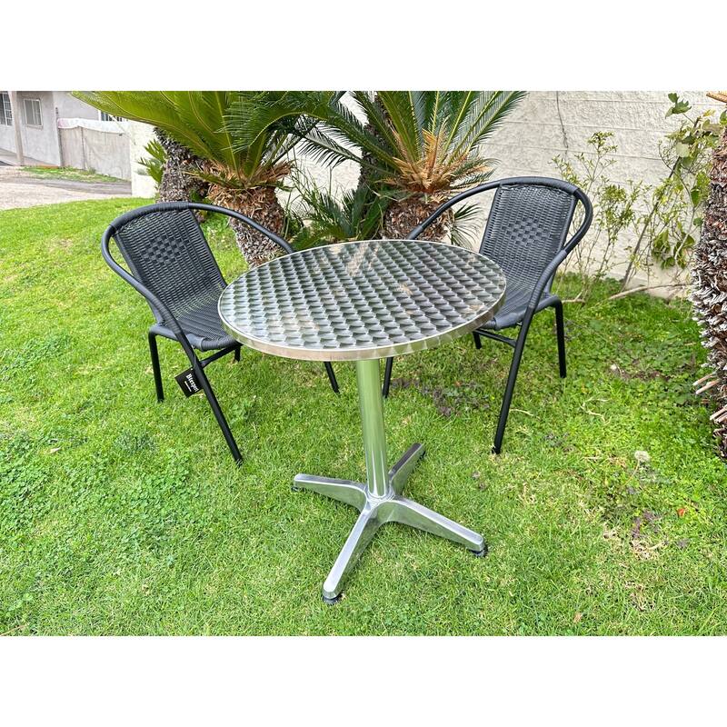 BTEXPERT Indoor Outdoor 23.75" Round Restaurant Table Steel Aluminum + 2 Black Restaurant Rattan Stack Chairs