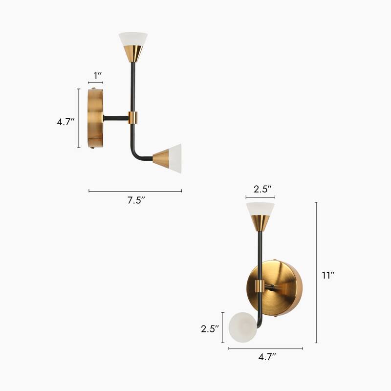 2-Light Modern Contemporary Black Gold LED Wall Sconces Bathroom Vanity Lights with Acrylic Shades - 4.7" L x 7.5" W x 11" H