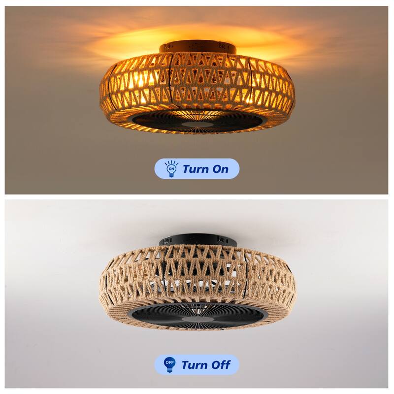 20 inch Flush Mount Ceiling Fan Light with Remote Caged Farmhouse Fandelier Black Wood Low Profile