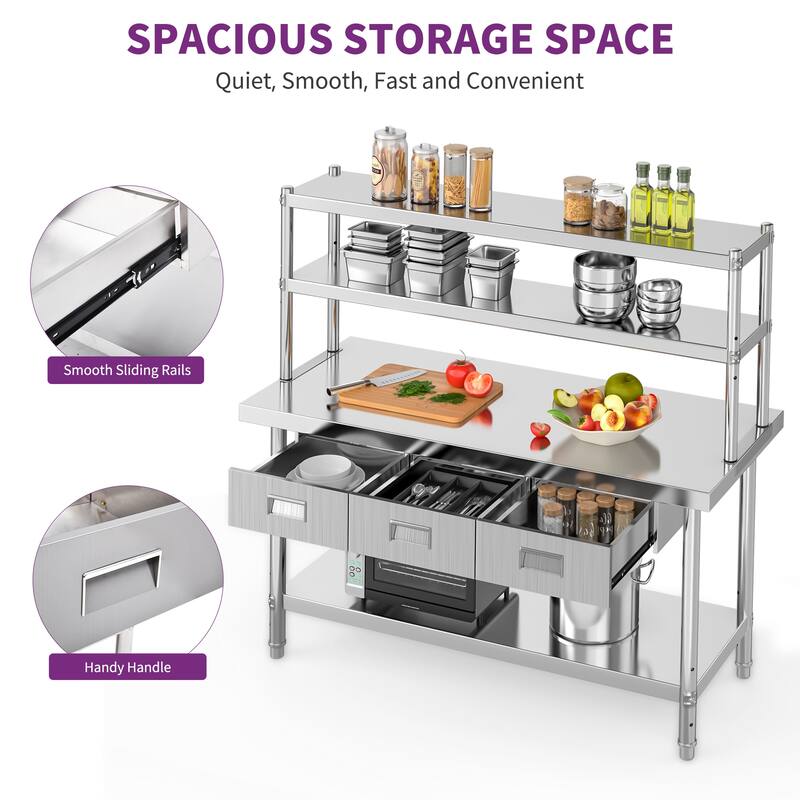 60" X 24" Stainless Steel Table with Shelf & 3 Drawers