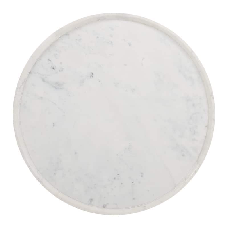 HomeRoots 35" White and Natural Wood And Faux Marble Round Pedestal Coffee Table - 35 in. x 15 in. x 35 in.