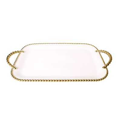 Alice Pazkus 19"L Gold White Porcelain Beaded Tray
