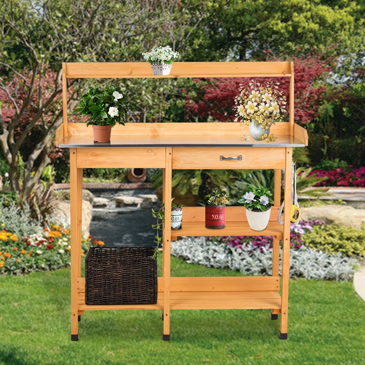 Kinbor Outdoor Potting Bench With Metal Tabletop Garden Work Bench Planting Workstation W Storage Shelves Hooks Overstock 31423715