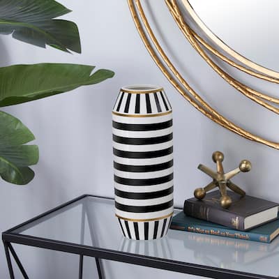 Black Ceramic Striped Decorative Vase with White and Gold Accents