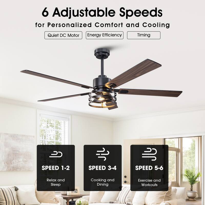 Vaczon 52" Industrial Reversible Wood 5-Blade Black Ceiling Fan with Light and APP Control