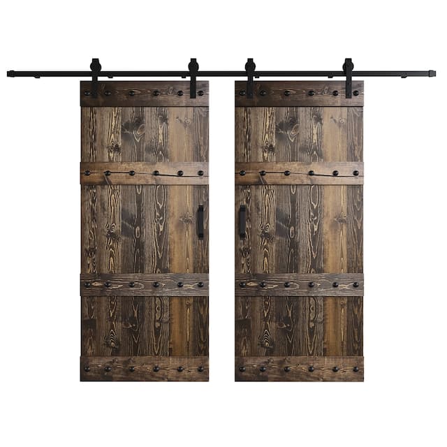 72in x 84in Castle Series Pine Wood Double Sliding Barn Door With Hardware Kit - Kona Coffee