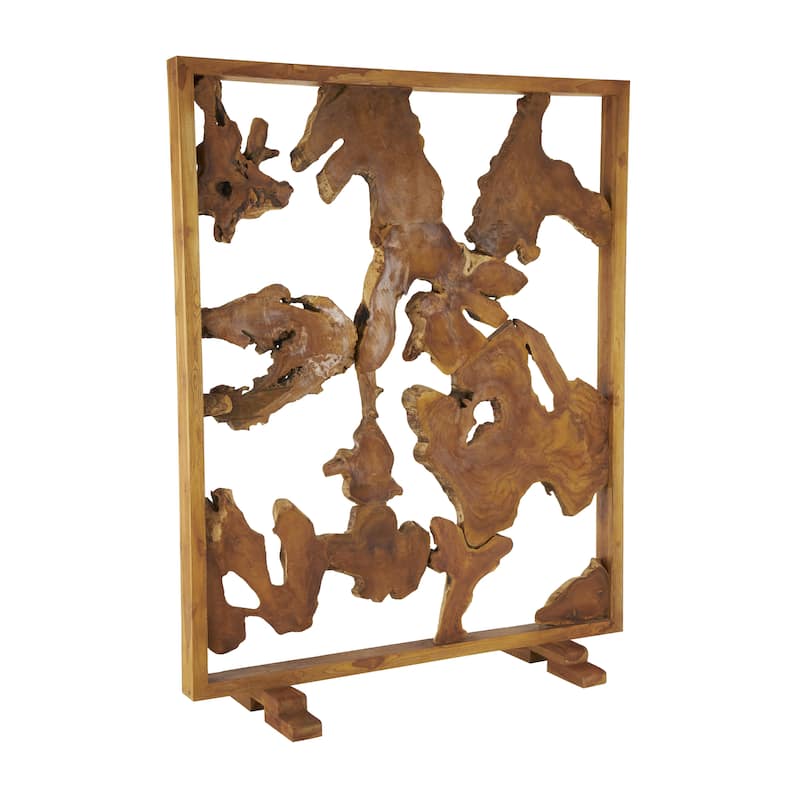Teak Wood Tall Live Edge Freestanding Partition Room Divider Screen with Large Tree Trunk Pieces - Brown - Roche River Decor