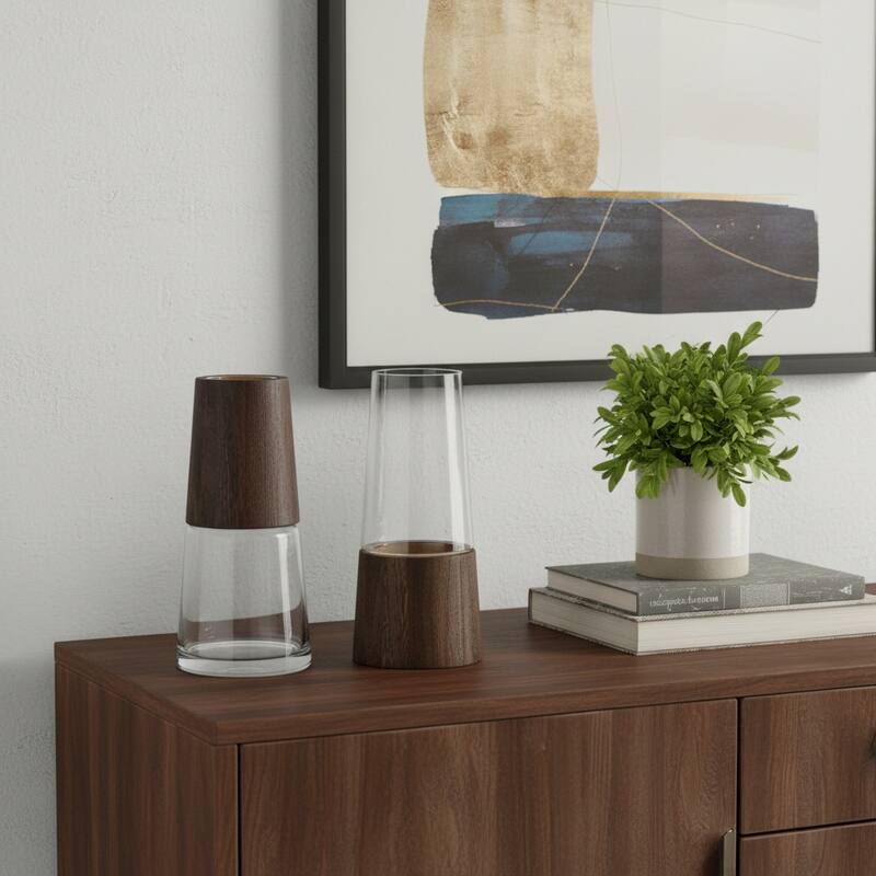 Set of Two Brown And Clear Glass Tapered Table Vases With Wood - 5.50 - Clear/Brown - 5.50