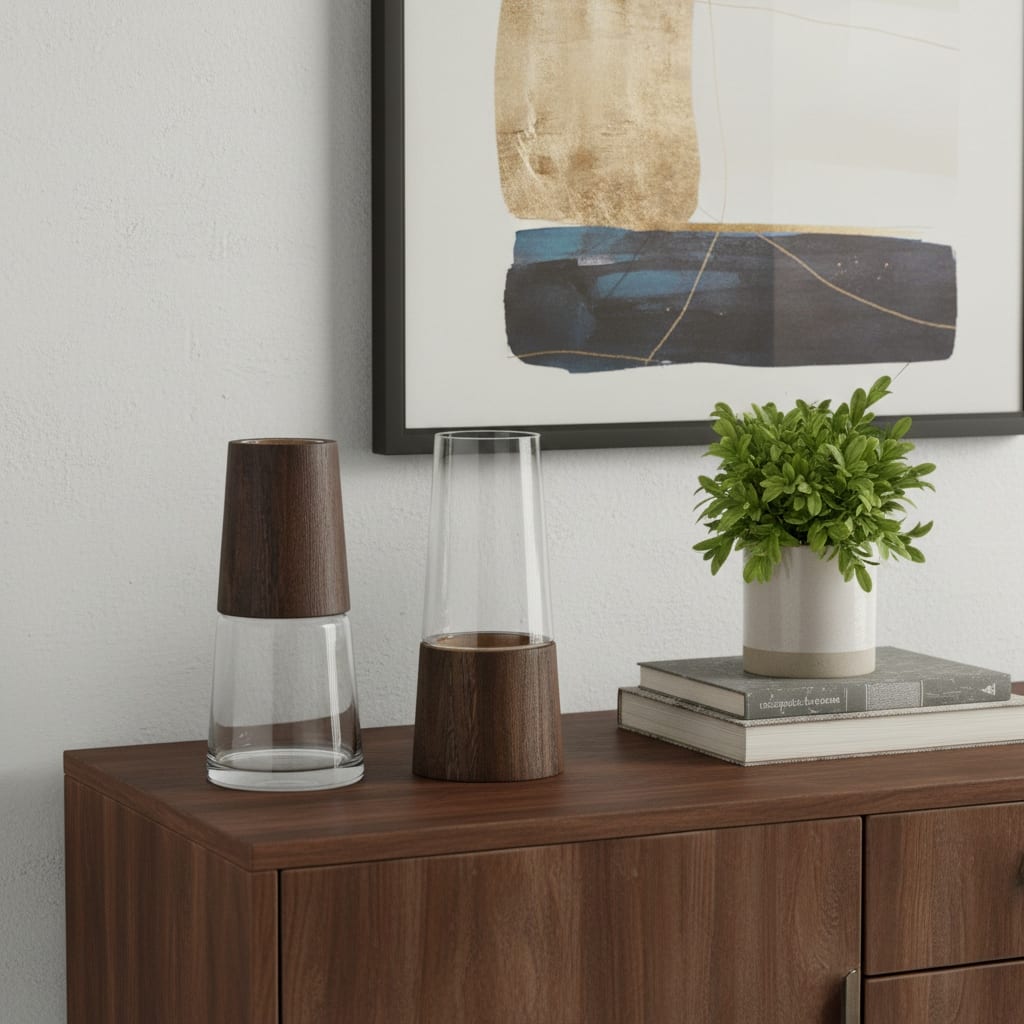 Set of Two Brown And Clear Glass Tapered Table Vases With Wood - 5.50