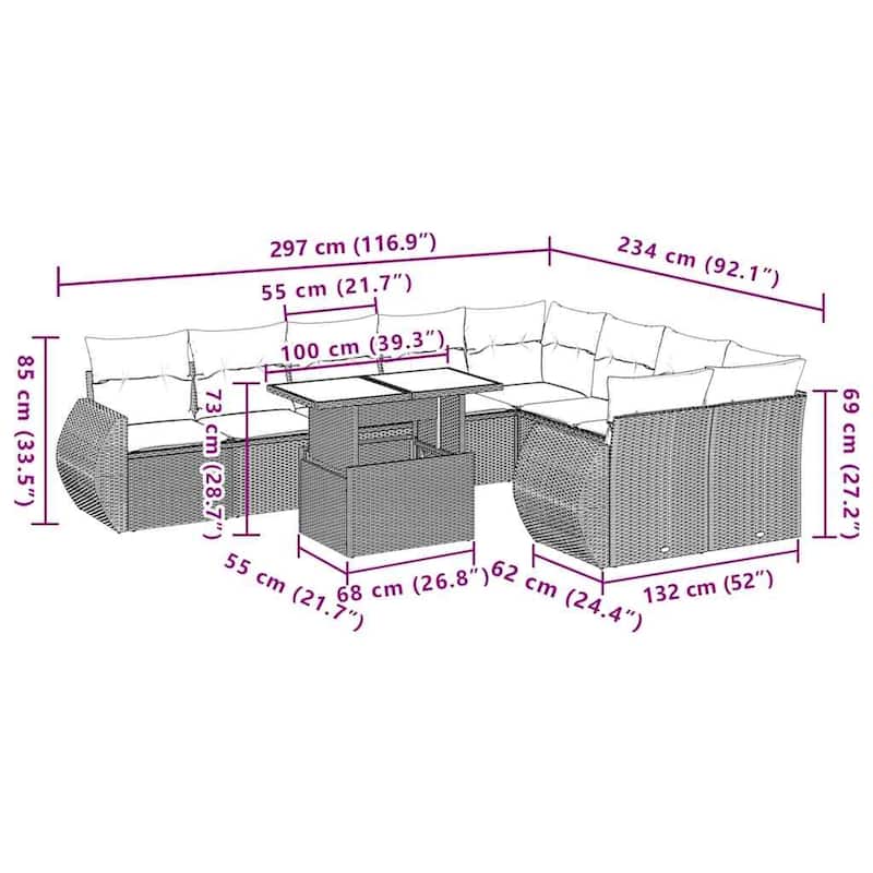 vidaXL 10 Piece Patio Sofa Set with Cushions Black/Brown/Gray Poly Rattan - 24.4 x 24.4 x 27.2