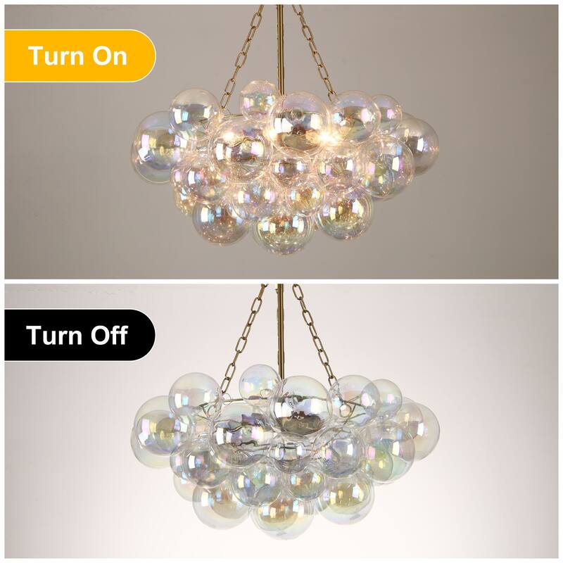 Starsky 6-Light lridescent Bubble Glass Globe chandelier, Hand-Blown Colorful cluster Light, Adjustable Height, Gold or Nickel