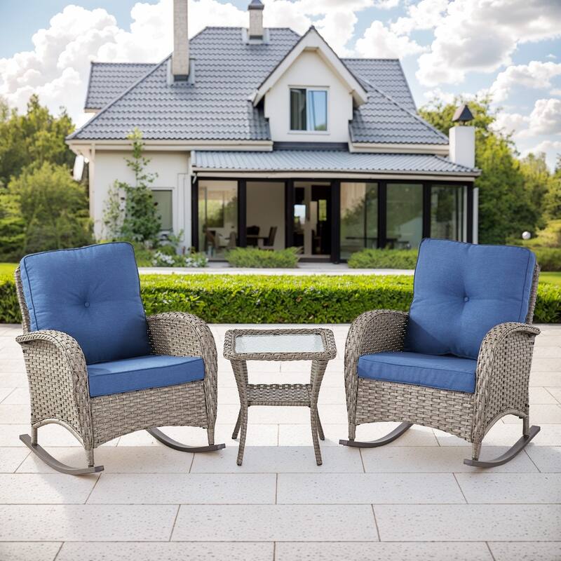 Gymojoy Patio Furniture Set PE Wicker Rocking Chairs & Side Table - 3-Piece - Grey Wicker / Blue Cushion