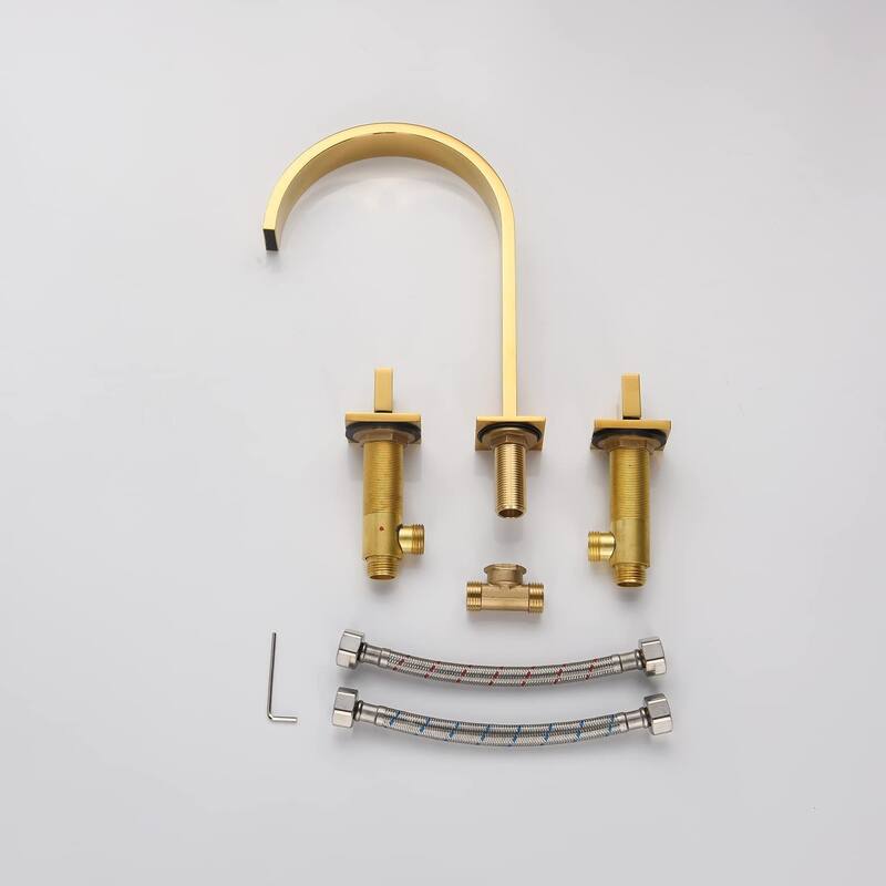 Polished Gold Two handles 3 holes Waterfall bathroom Sink Faucet with brass pop up overflow Drain