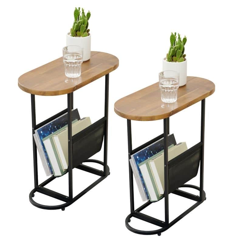 Oval Narrow Side Table Set of 2 End Tables with Organizer Storage - Brown&Wood Top - Acacia