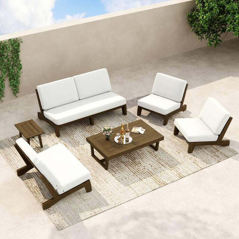 8-Piece Outdoor Sofa Set with Loveseat, 2 Club Chairs & Matching Tables - Brown Wood/Beige - Whole cushion