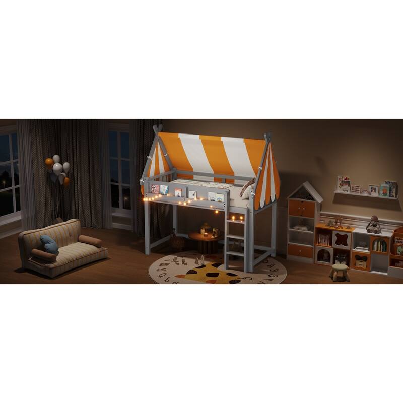 Roomfitters Twin/Full Size Loft Bed with Canopy, LED Lights and Book Shelf