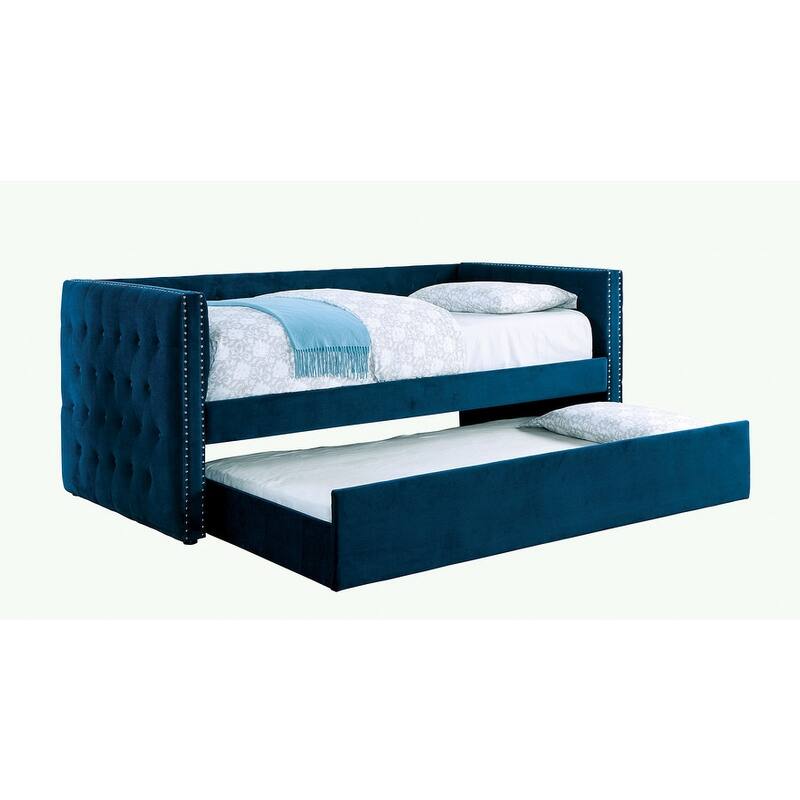 Navy Tufted Upholstered Daybed with Trundle, Nailhead Trim & Slat Kit