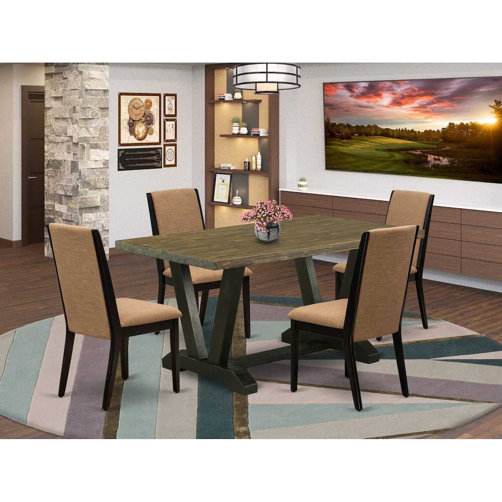 HomeStock 5-Piece Rectangle Distressed Jacobean Finish Solid Wood Top Dining table with 4 Chairs