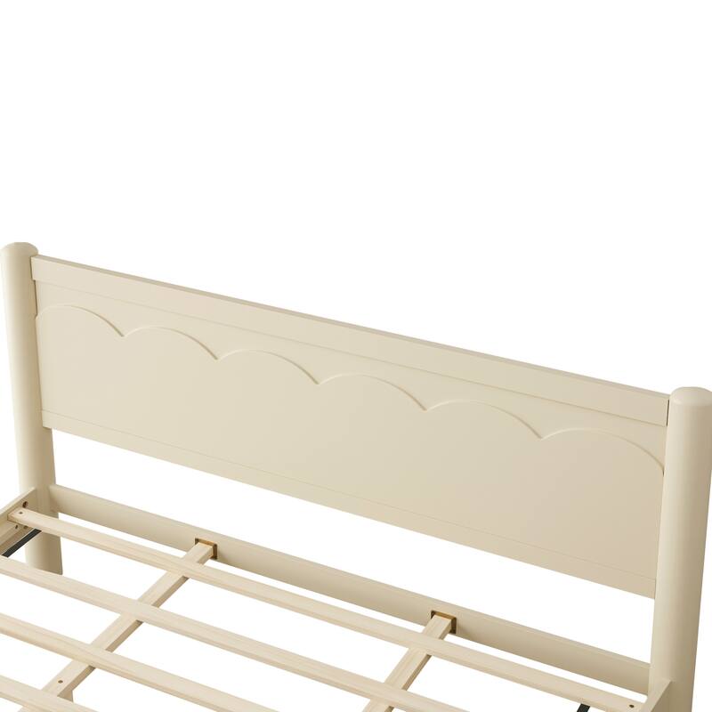 King Size Solid Wood Platform Bed with Headboard, 10 Wooden Slats Support, No Box Spring Needed, Beige Finish