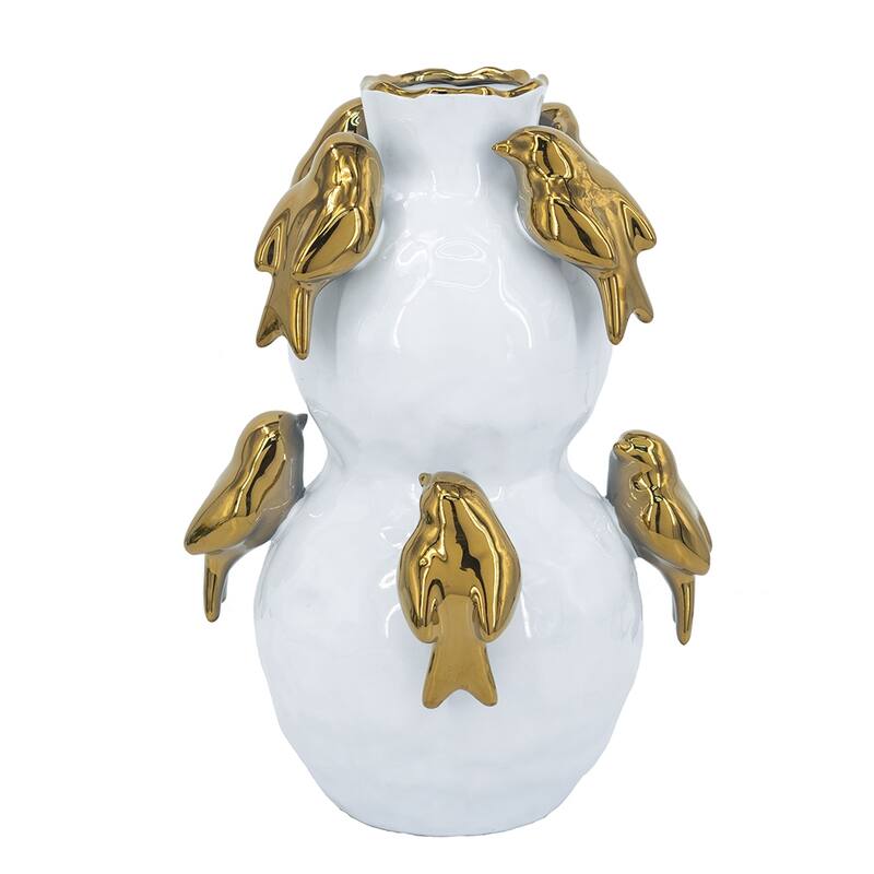8.5x8.5x14" White Two-Tiered Ceramic Vase with Gold Bird Accents