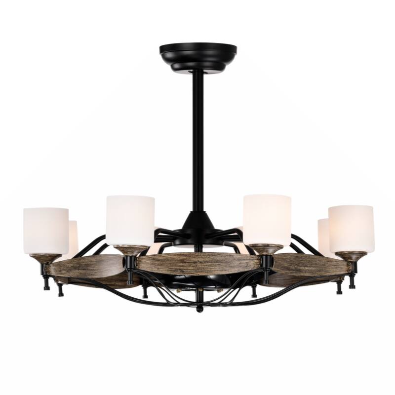 33 inch Chandelier Ceiling Fan for Bedroom Dining Room Living Room Kitchen Farmhouse Entry,Matte Black+ Wood Grain