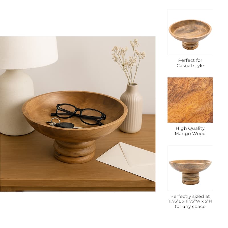 Decorative Round Wooden Bowl with Ribbed Pedestal Base - 12", Brown - 11.75"