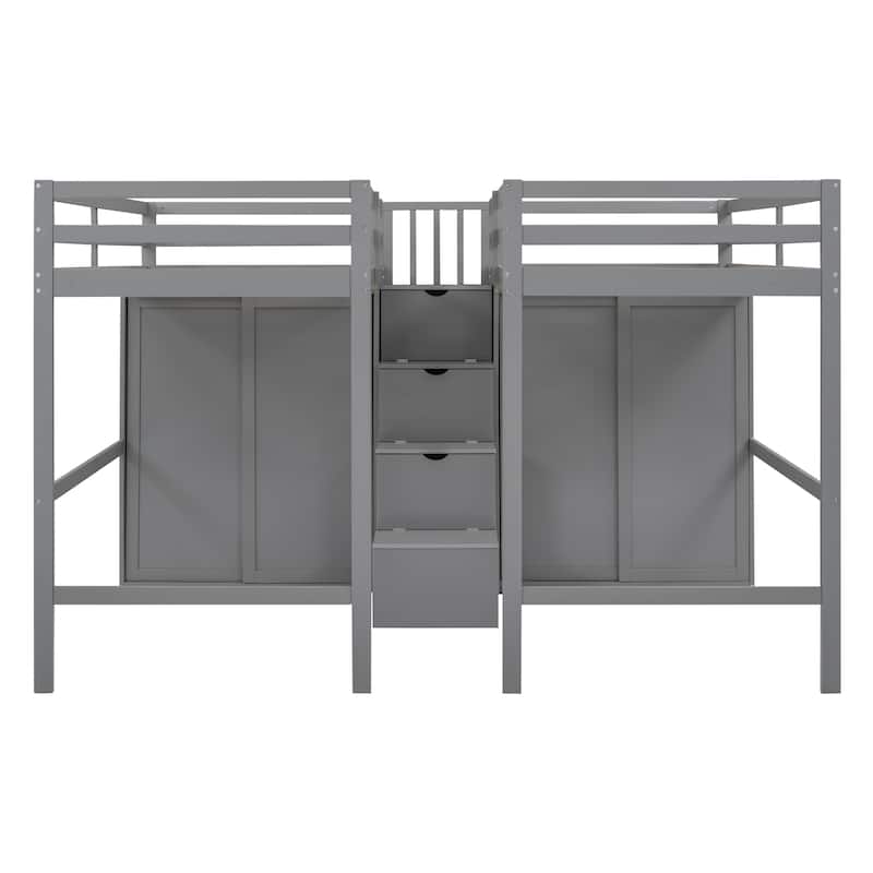 Double Twin Loft Beds with Wardrobes and Staircase