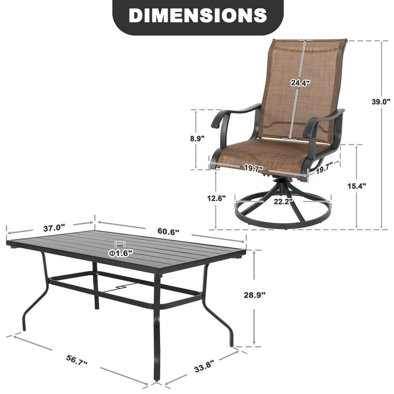 Nuu Garden 7-Piece Patio Iron Dining Set with Textilene Swivel Chairs