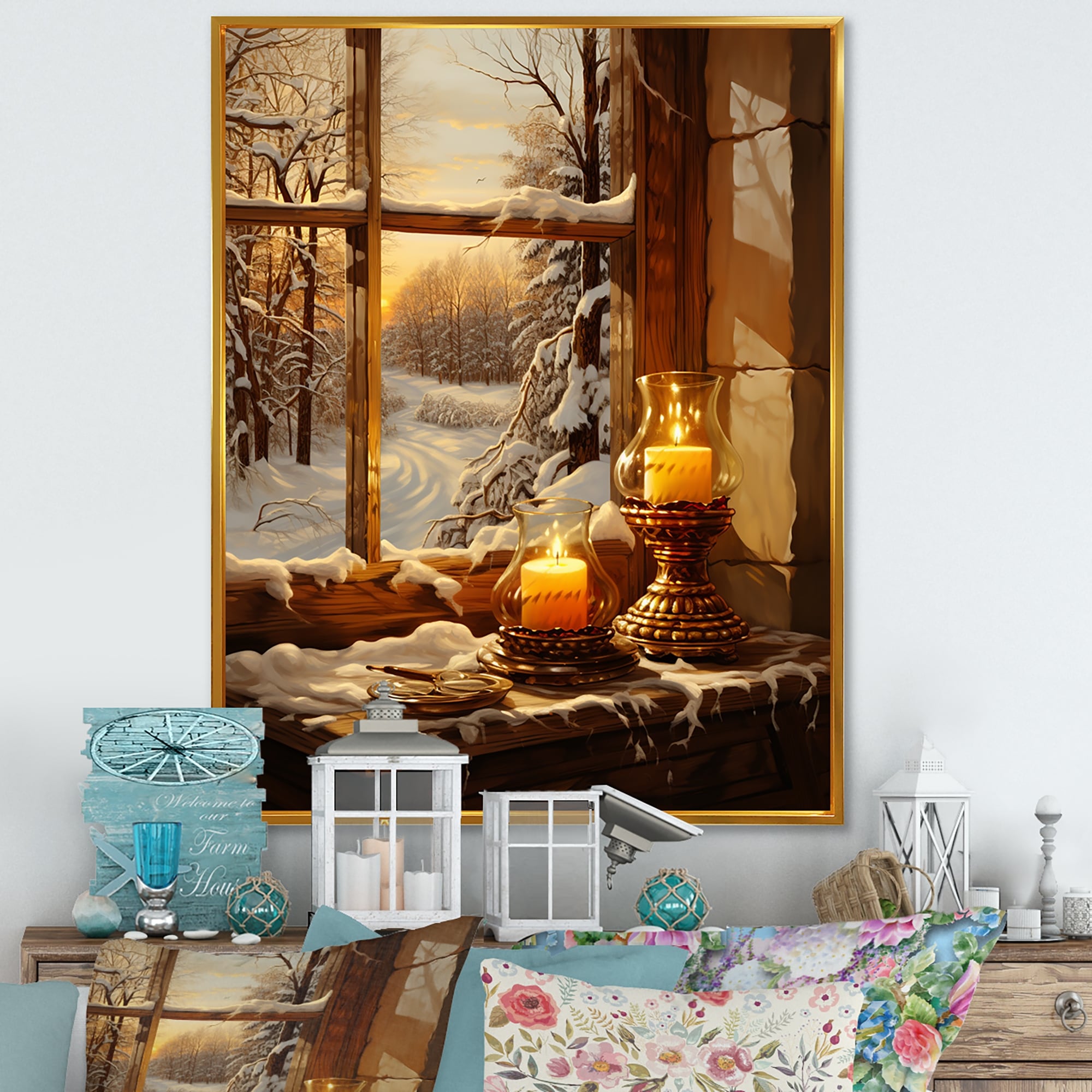 Designart "Christmas Winter Window View II" Winter Landscape Yellow Wall Decor Traditional Hallway Framed Wall Art Decor