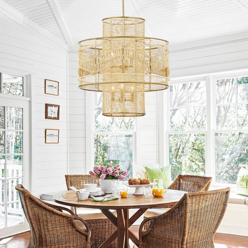 KAWOTI 6-Light Gold Tiered Chandelier Pendant Light with Rattan Shade - 26 '' L x 26'' W x 47.75'' H