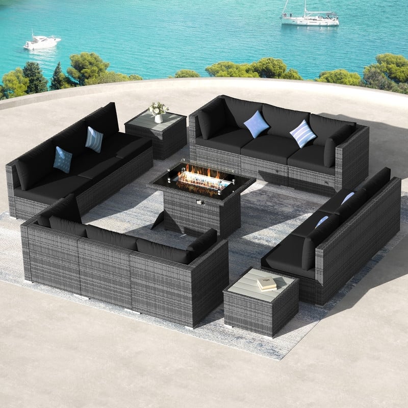 FINCATI 15-Piece Grey Wicker Patio Conversation Set with 43" Fire Pit
