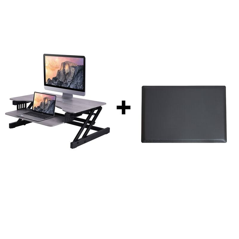 Rocelco 32 in. W Gray Height Adjustable Standing Desk Converter with Anti Fatigue Mat and Dual Monitor Riser System