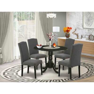 Round Kitchen Table Set 5pc 42" Table w/ Drop Leaves & 4 Parsons Chairs - Dark Gotham Grey