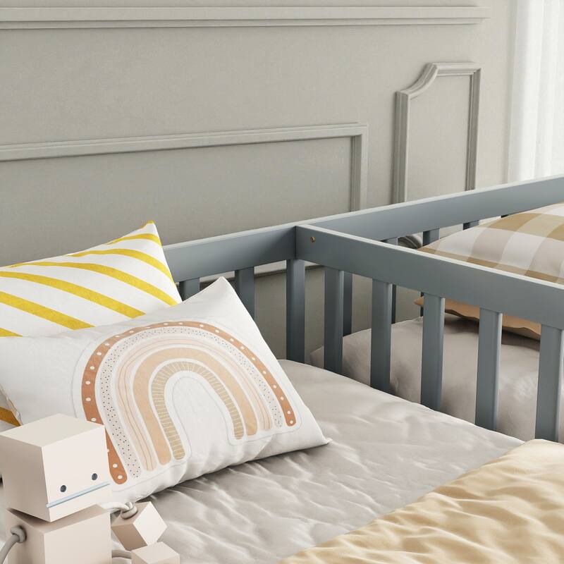 Double Twin Floor Bed with Fence and Guardrails, Solid Pine Wood Frame Montessori Bed for Kids