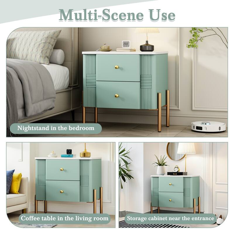 Contemporary Nightstand Featuring 2 Storage Drawers, Fluted Design with Gold-Tone Metal Handles and Legs, Versatile End Table