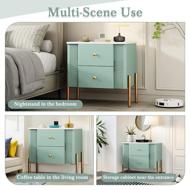 Modern Nightstand with 2 Storage Drawer, Fluted Bedside Table with Golden Metal Handles and Legs