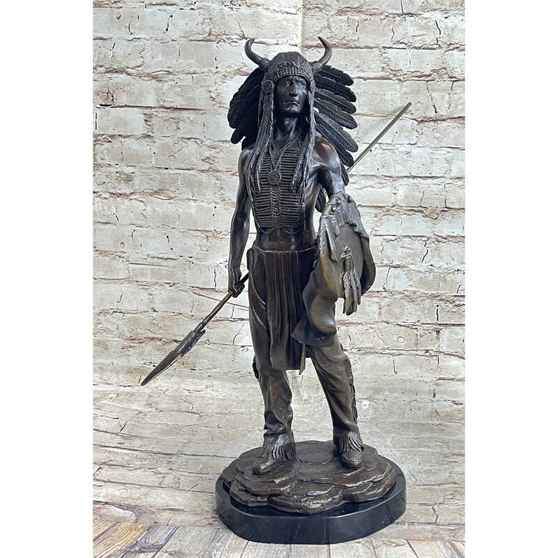 Native American Indian Warrior W/ War Bonnet Bronze Sculpture Statue By P. Manship