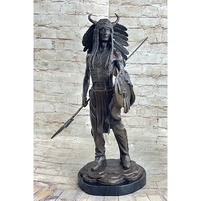 Native American Indian Warrior W/ War Bonnet Bronze Sculpture Statue By P. Manship