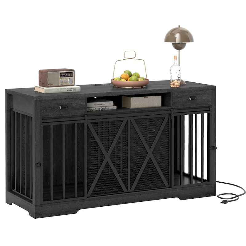 63 Inch Double Dog Crate TV Stand with Charging Station - Grey