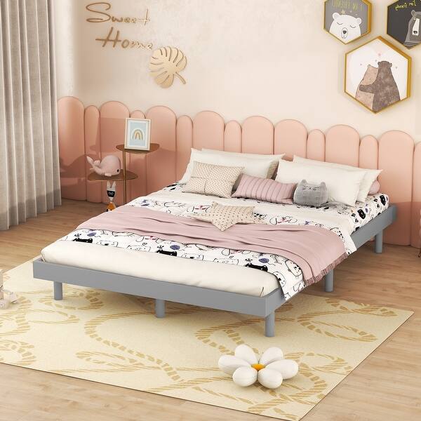 slide 2 of 6, Grey Modern Full Floating Platform Bed Frame with Slat Support, Pine Wood Platform Bed for Bedroom, No Box Spring Needed Grey - Full