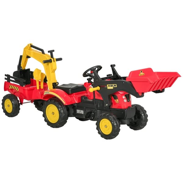 slide 2 of 7, Pedal Car Digger Toy Move Forward/Back with 6 Wheels and Detachable Cargo Trailer Yellow