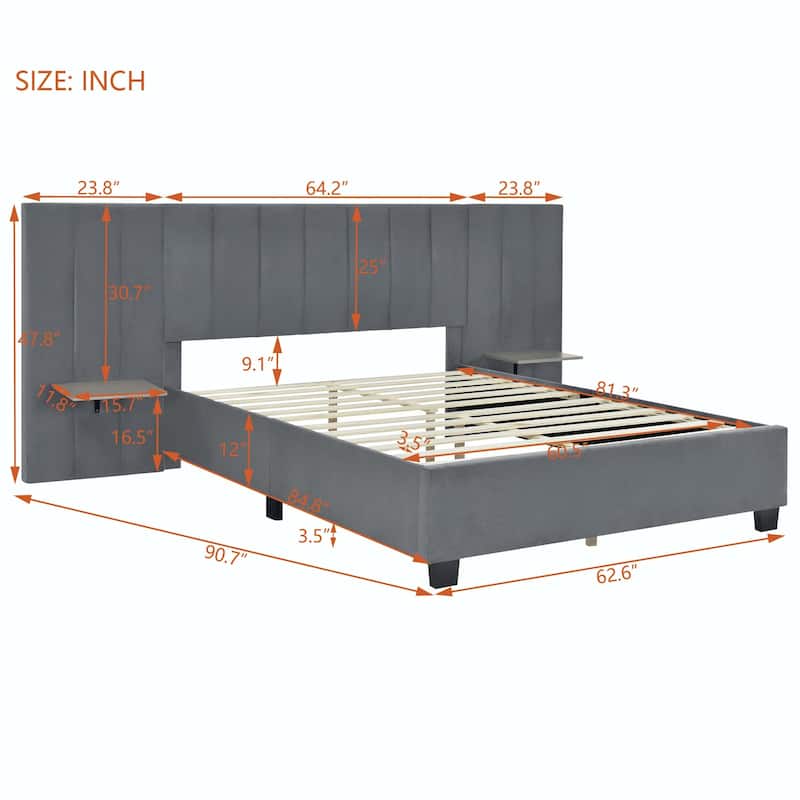 Queen Size Upholstered Platform Bed with Big Headboard