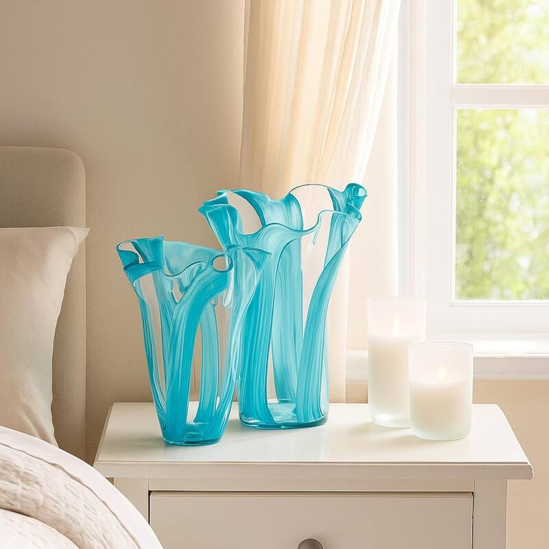 Green Set of 2 Striped Handblown Glass Vases with Broad Rim and Ruffle