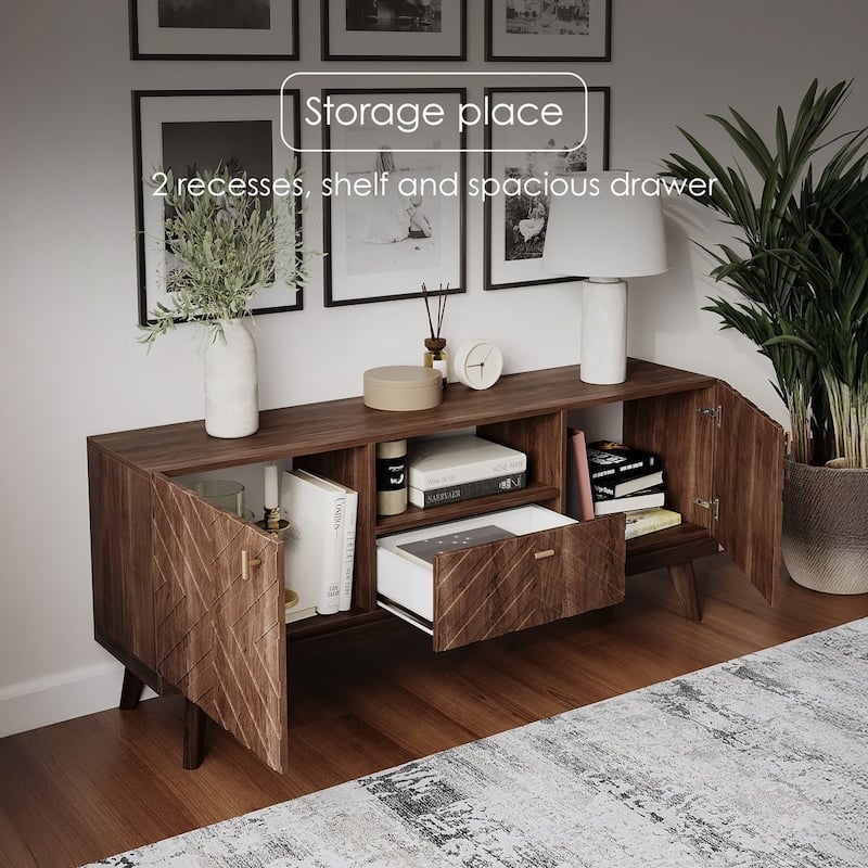 Living Skog Alba Beige TV Stand Console with Drawer Fits TV's up to 65 in. with Wood Legs Mid Century Modern Design