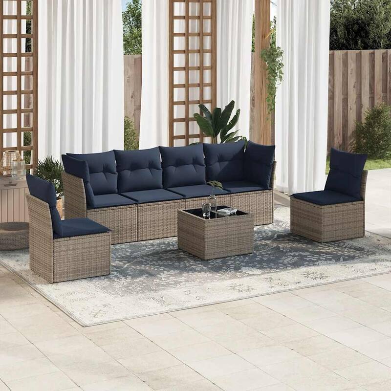 vidaXL 6/7 Piece Patio Sofa Set with Cushions Black/Brown/Gray Poly Rattan - 24.4 x 24.4 x 27.2 - Gray and navy blue With table