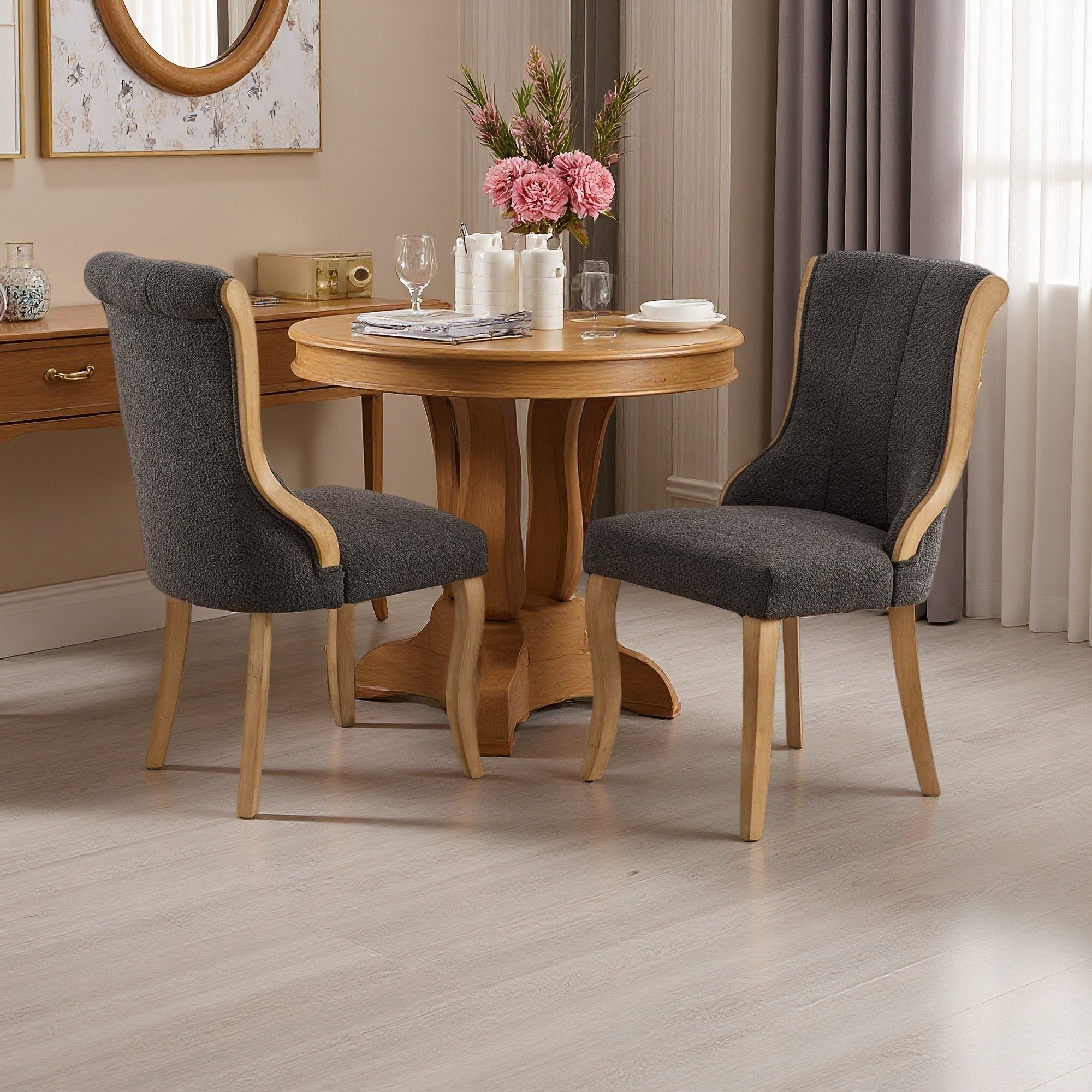 37.6"H Set of 2 Velvet Upholstered Dining Chairs with Curved Wood Trim & Sculpted Legs