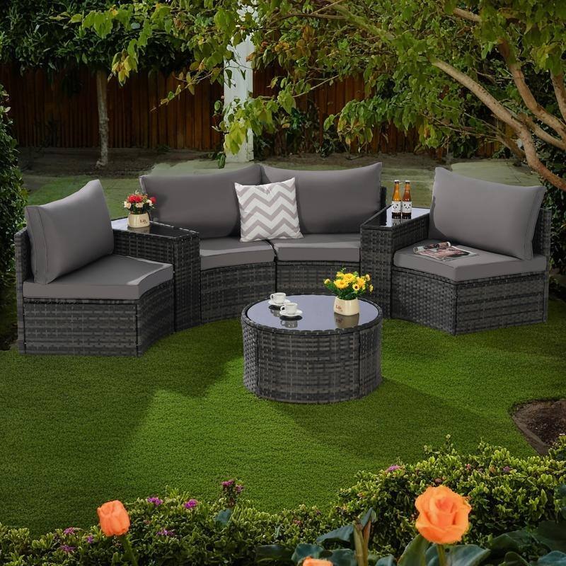 7-Piece Outdoor Patio Half-Moon Sectional Sofa Set with Tempered Glass Coffee Table